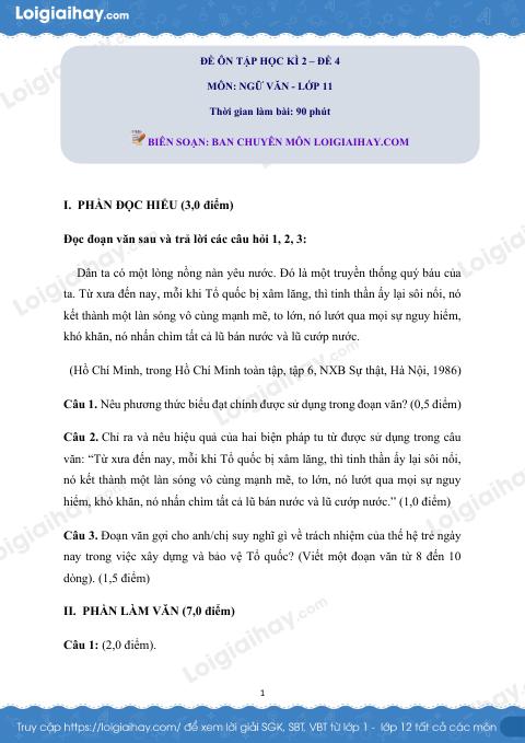 Đề số 4 - Đề kiểm tra học kì 2 - Ngữ văn 11